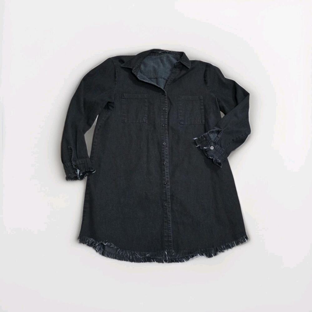 Zilcremo Black Denim Shirt Dress Long Sleeve Frayed Hem Button Down Women's XL